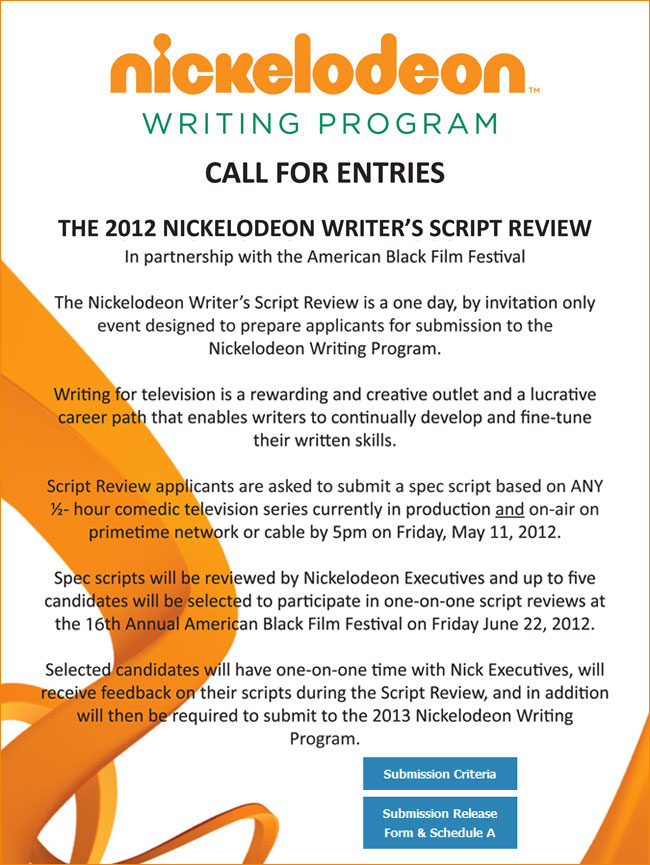 ABFF - nickelodeon writing program call for entries...